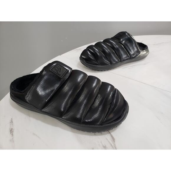 Nike Burrow SE Triple Black Slides Sandal Fur Lined Slip On Slipper House Shoe - Picture 1 of 8